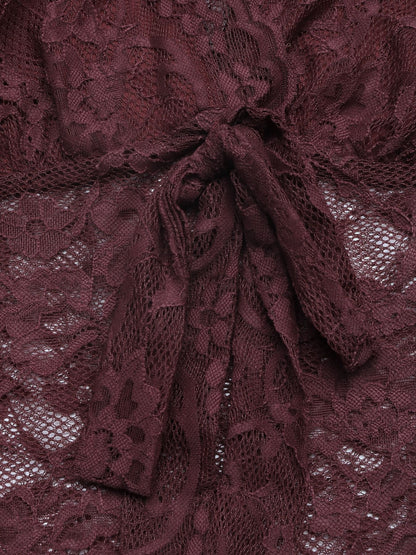 Floral Lace Tie Front Bell Sleeve Sheer Bodysuit