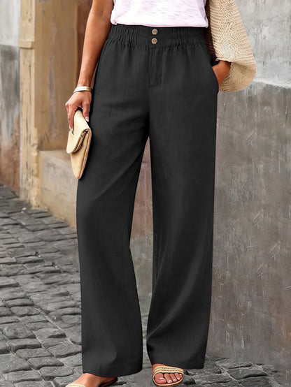 Women's Casual Straight Leg Pants Elastic Waist Pockets