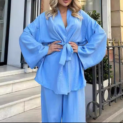 Women's Belted Wrap Top and Pants Two Piece Set