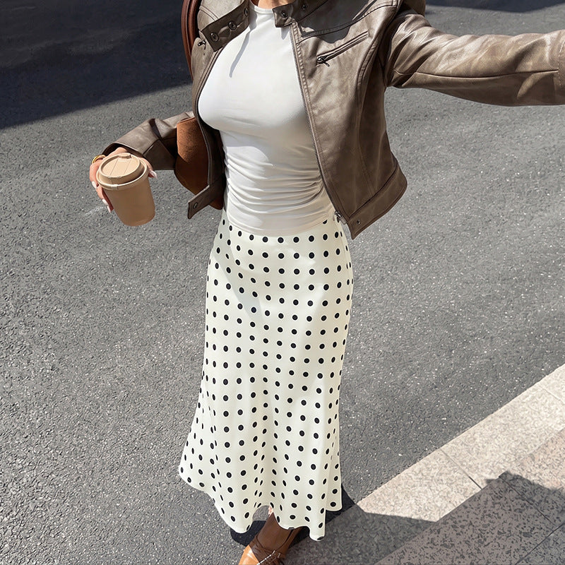 Polka Dot Satin Midi Skirt Mermaid Hem A Line