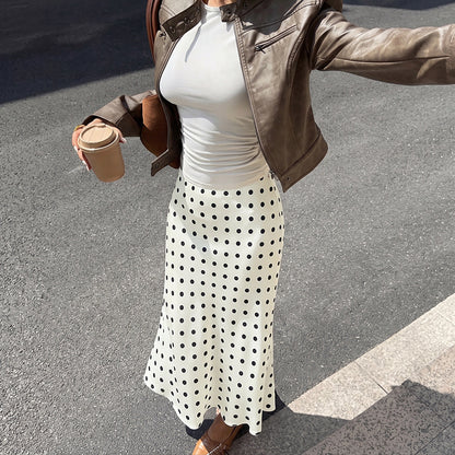 Polka Dot Satin Midi Skirt Mermaid Hem A Line