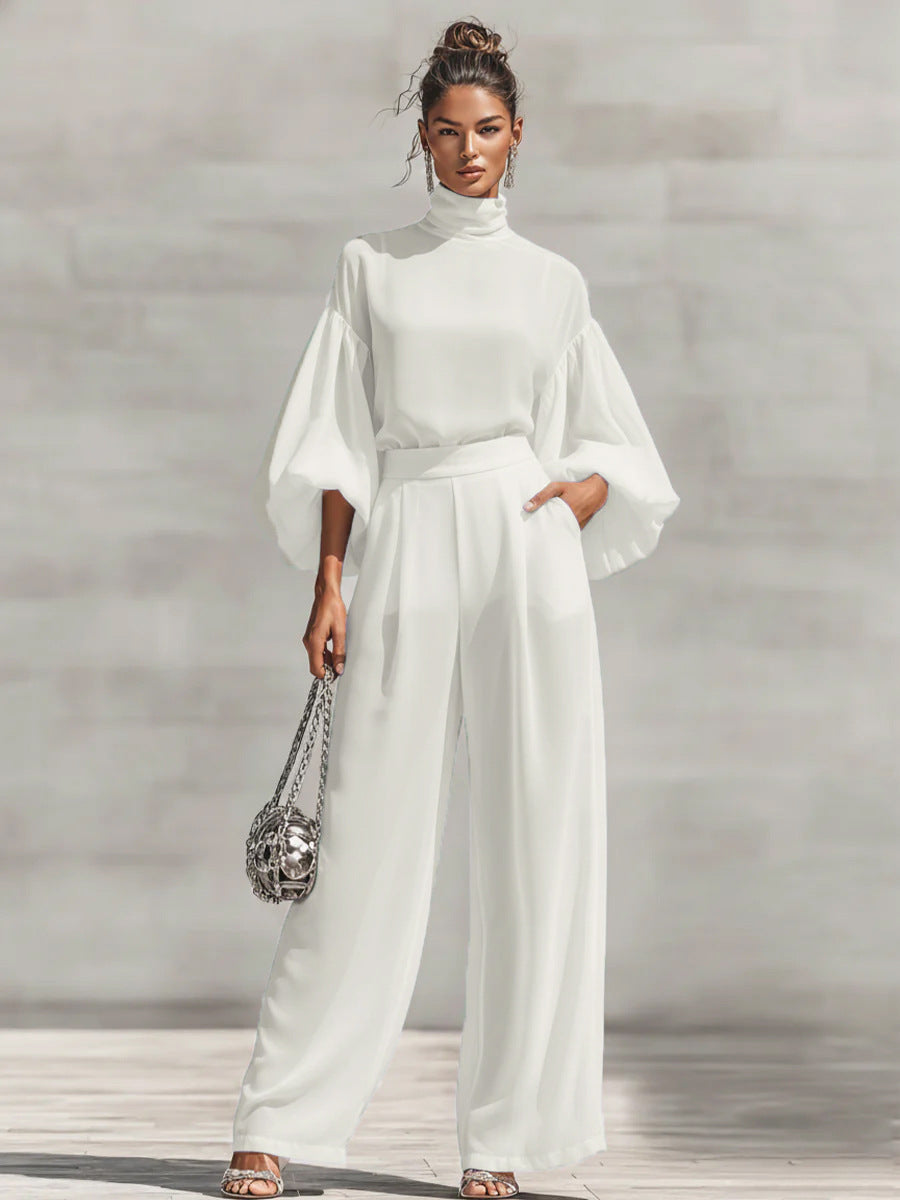 Women's Lantern Sleeve Blouse Wide Leg Pants Two Piece Set