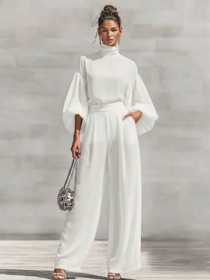 Women's Lantern Sleeve Blouse Wide Leg Pants Two Piece Set