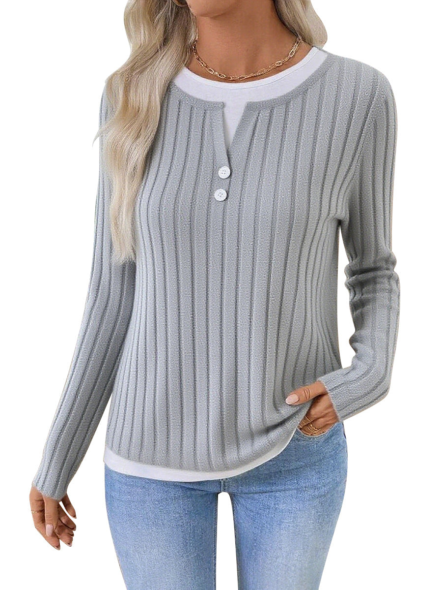 Ribbed Faux Layered Henley Long Sleeve Casual Top