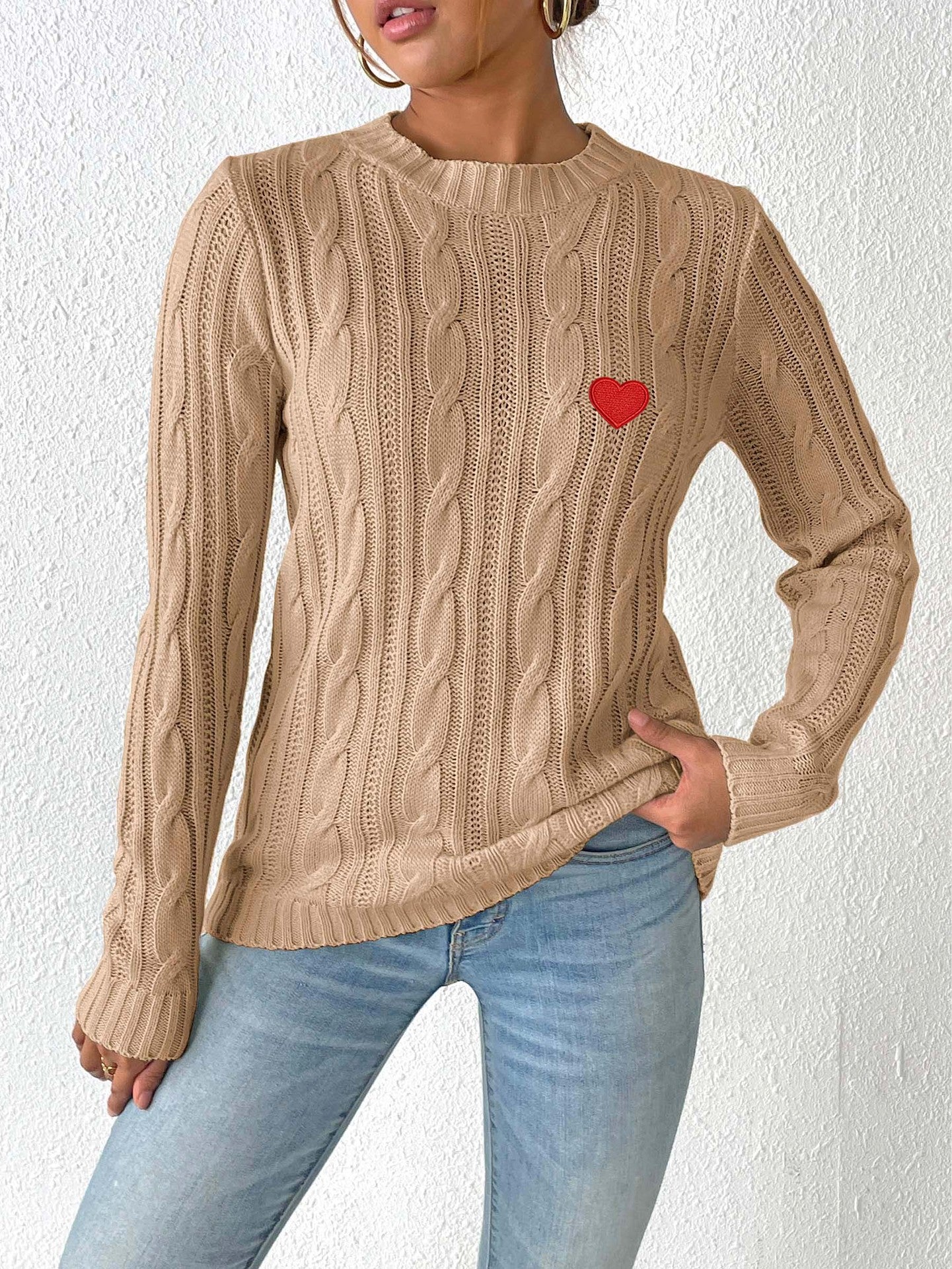 Solid Color Crew Neck Sweater Simple Bottoming Shirt Love Sticker Woman