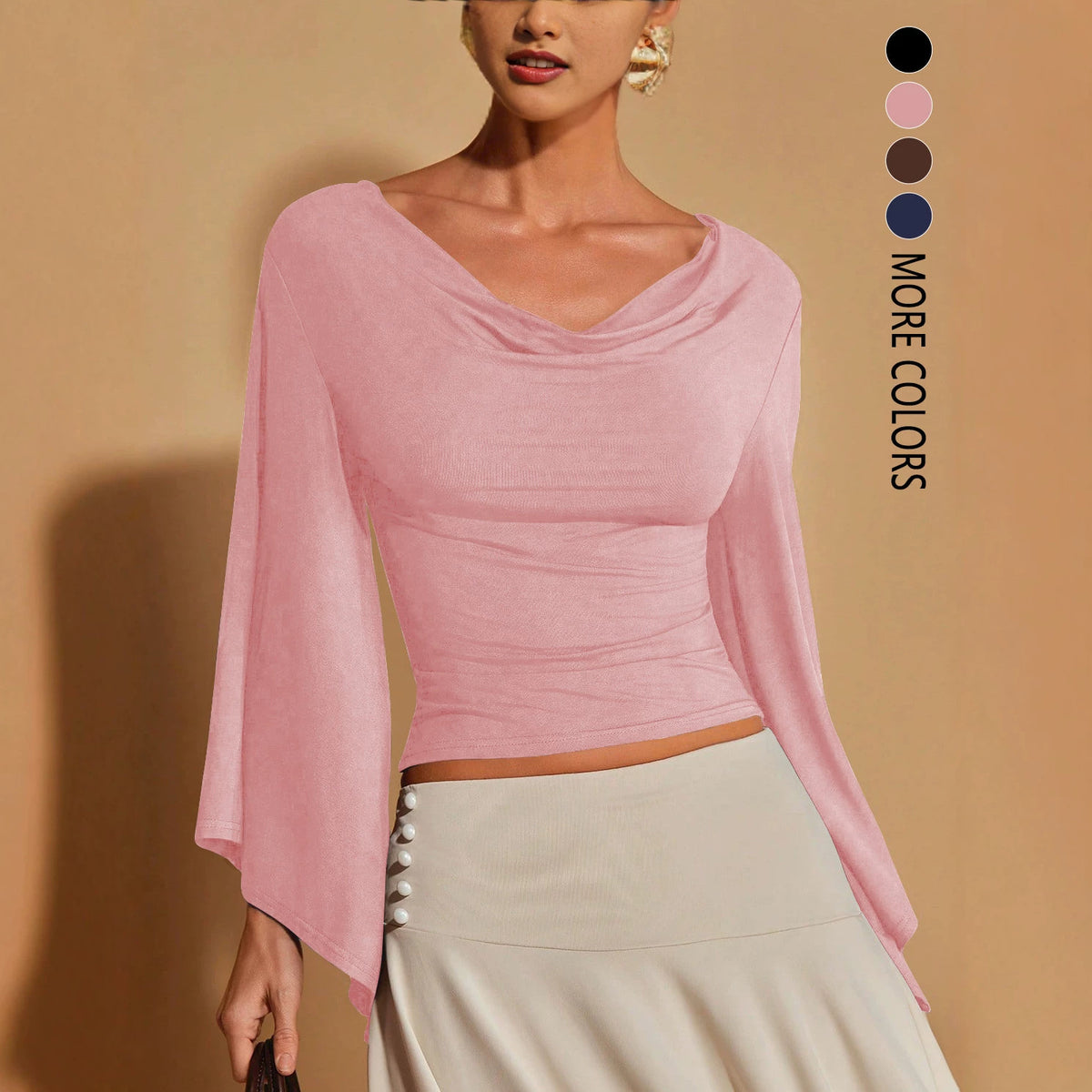 Women's Cowl Neck Flare Sleeve Fitted Top
