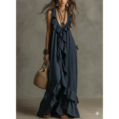 Women's Boho Ruffle V-Neck Sleeveless Maxi Dress