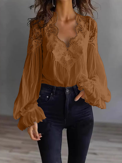 Embroidered Lace V Neck Balloon Sleeve Blouse