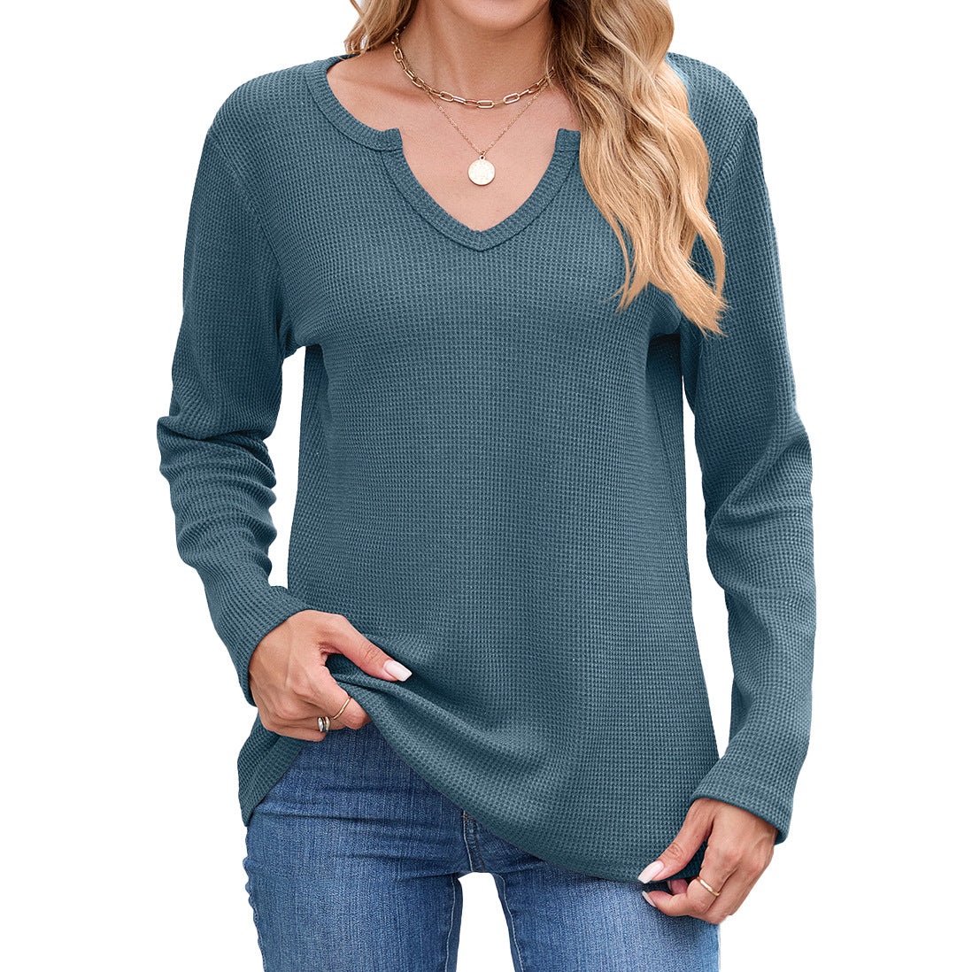 Women's Waffle Knit V-Neck Long Sleeve Loose Fit Top