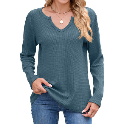 Women's Waffle Knit V-Neck Long Sleeve Loose Fit Top