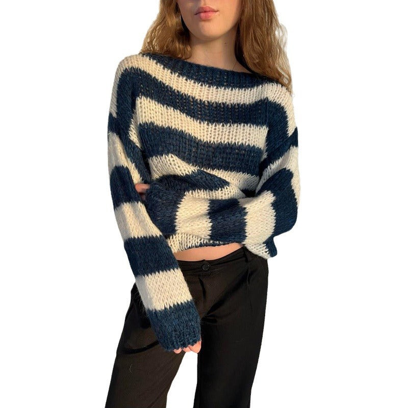 Women's Oversized Striped Chunky Knit Crew Neck Sweater
