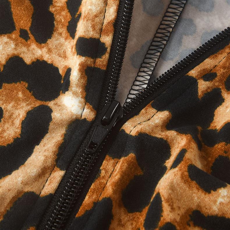 Women's Leopard Print Zip Up Long Sleeve Bodycon Jumpsuit