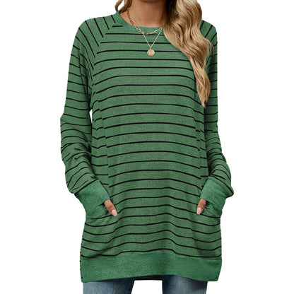 Women's Striped Color Block Long Sleeve Pocket Tunic