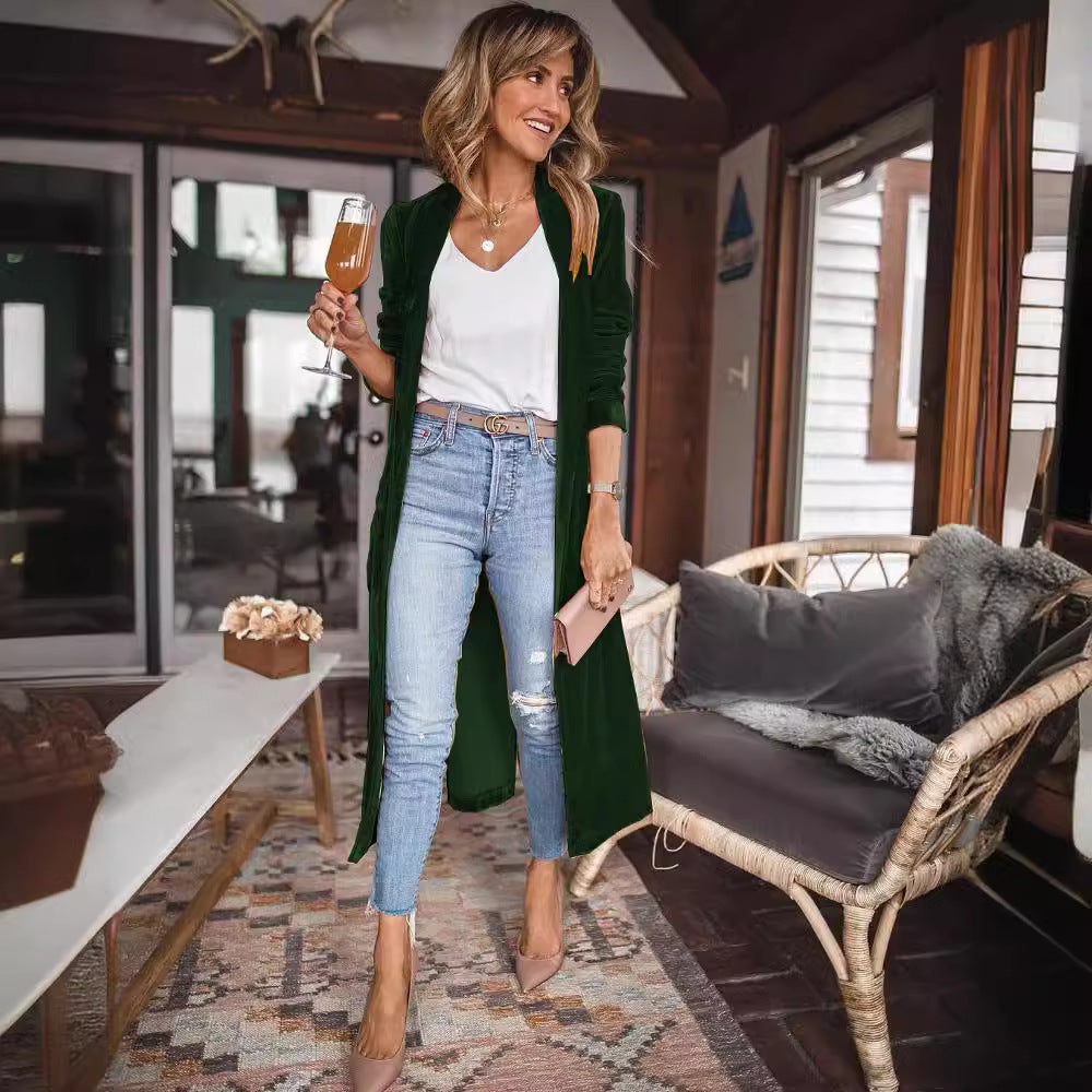 Womens Long Velvet Duster Open Front Cardigan