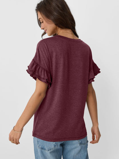 Women’s Ruffle Sleeve Crew Neck Tee Casual Summer Top