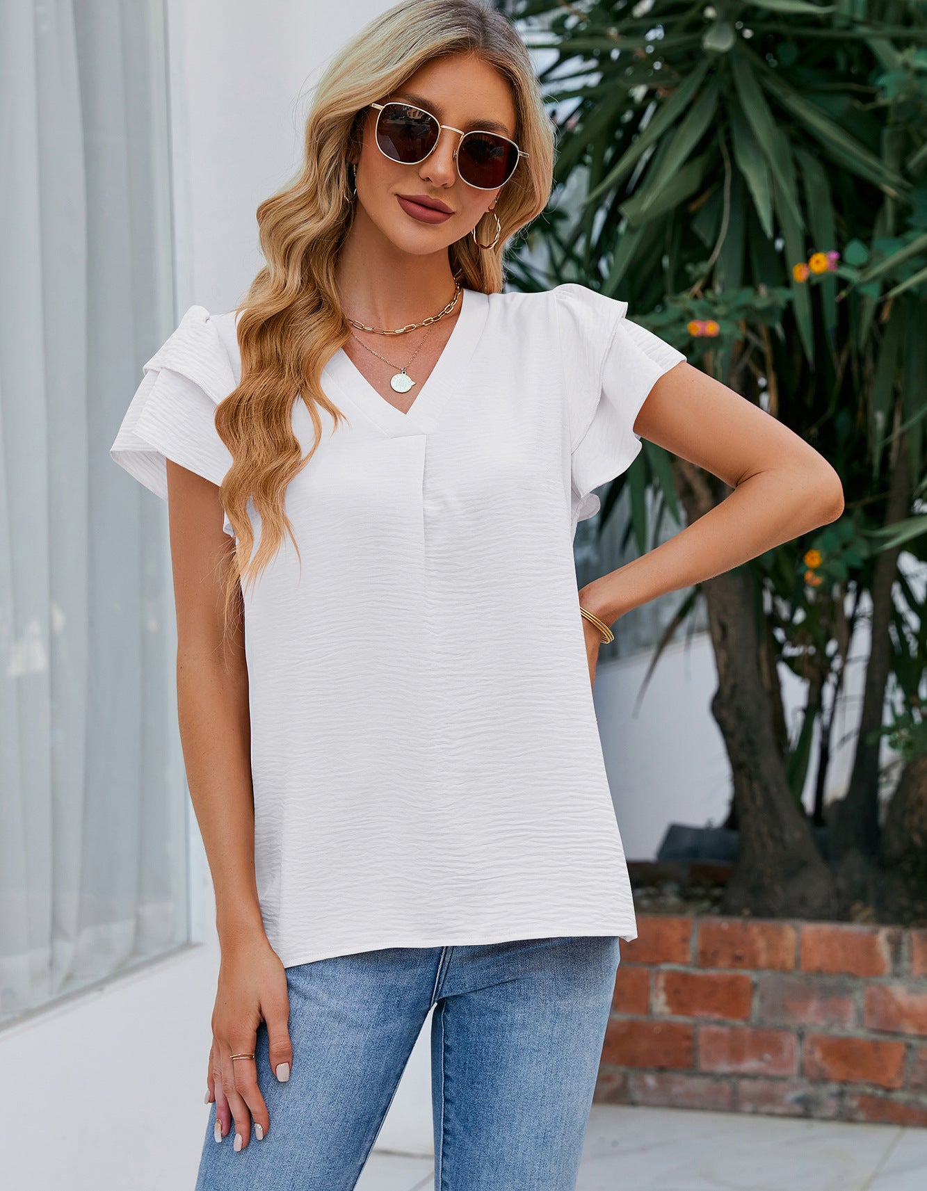 Women’s Short Sleeve Ruffle V Neck Summer Top
