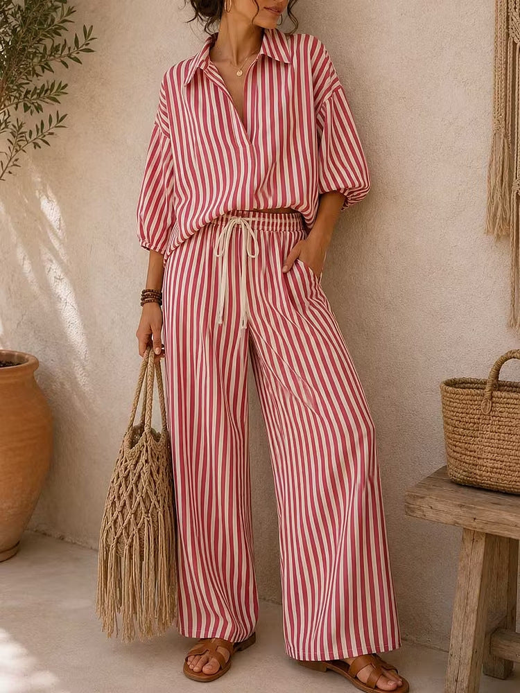 Striped Oversized Shirt Wide Leg Pants Set