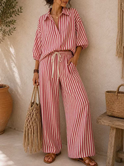Striped Oversized Shirt Wide Leg Pants Set