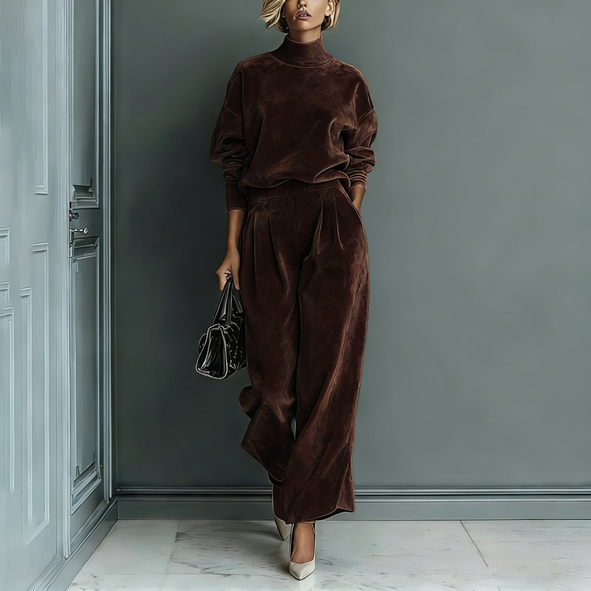 Women's Velvet Matching Set Mock Neck Wide Leg Pants