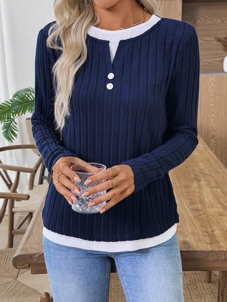 Ribbed Faux Layered Henley Long Sleeve Casual Top