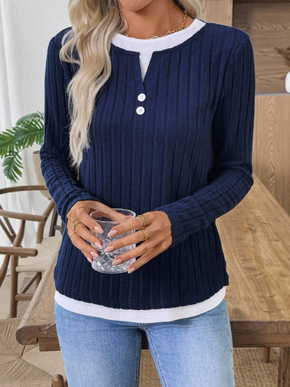 Ribbed Faux Layered Henley Long Sleeve Casual Top