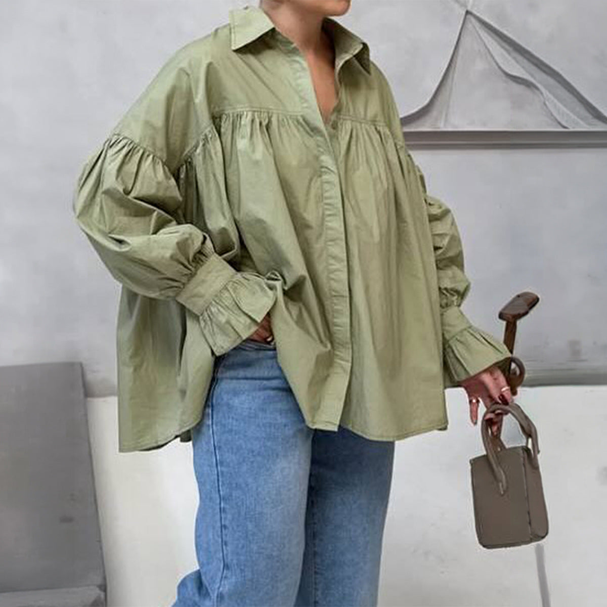 Oversized Puff Sleeve Button Down Shirt Relaxed Casual Blouse