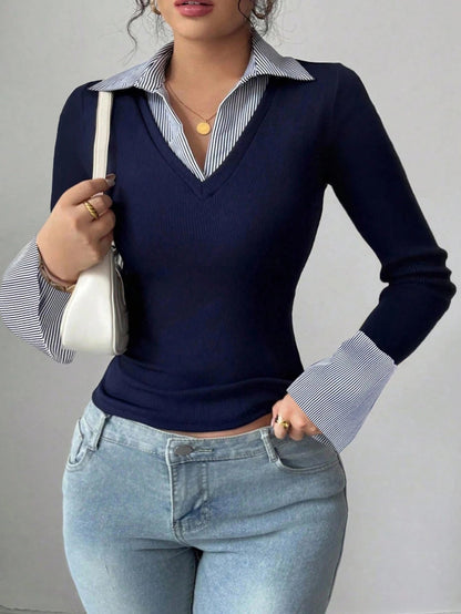 Faux Layered Collared Knit Top V Neck Long Sleeve Tee