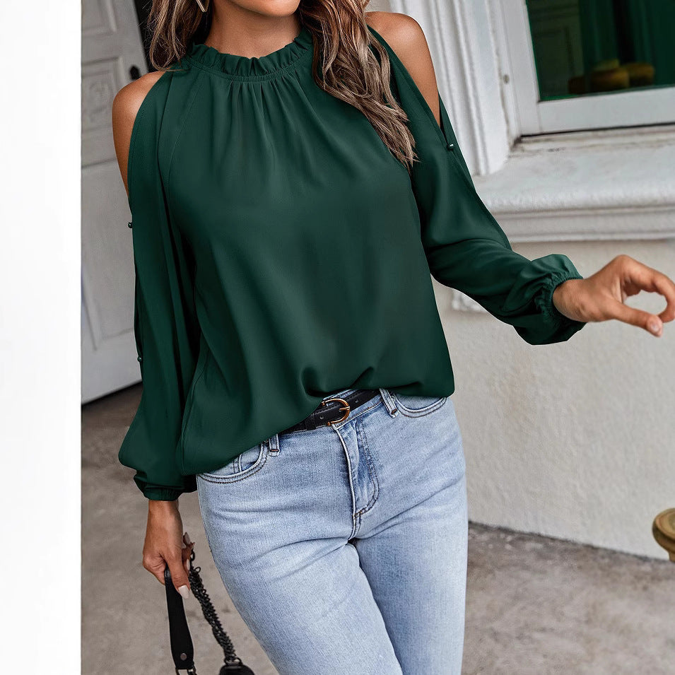 Ruffle Mock Neck Cold Shoulder Chiffon Blouse