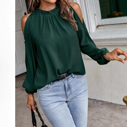 Ruffle Mock Neck Cold Shoulder Chiffon Blouse