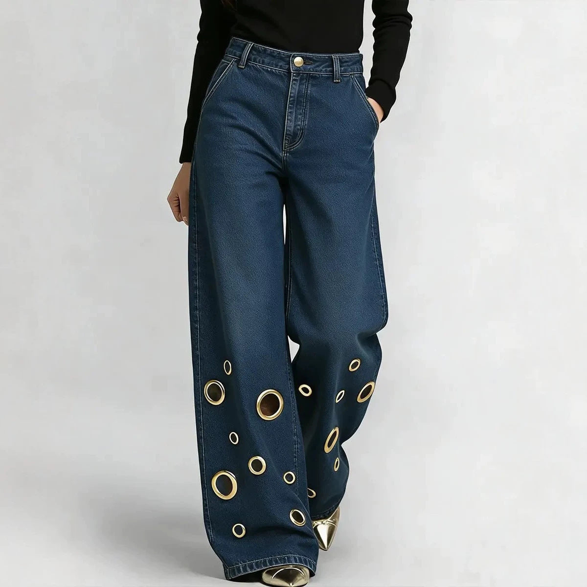 Women's High Waisted Grommet Cut Out Baggy Jeans