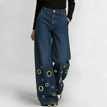 Women's High Waisted Grommet Cut Out Baggy Jeans