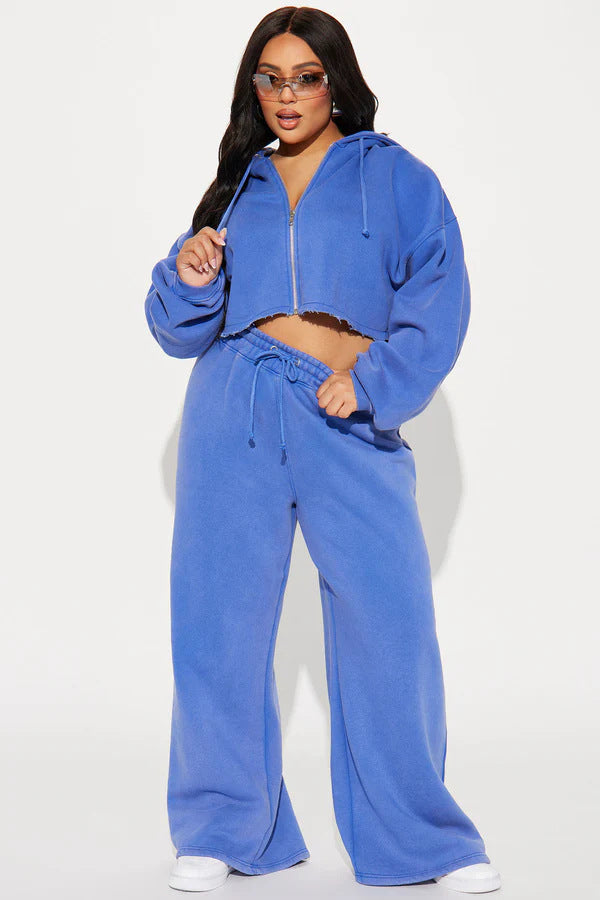 Women's Two Piece Crop Zip Hoodie Wide Leg Sweatpants Set