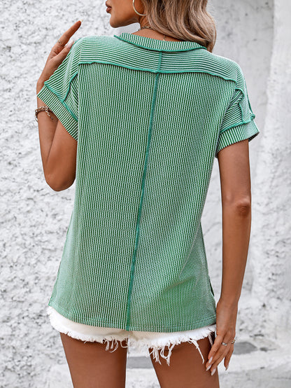 Women’s White Textured Ribbed Crew Neck Loose Tee