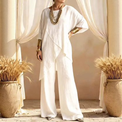 Women's Linen 2PC Set Asymmetric Hem Wide Leg Pants