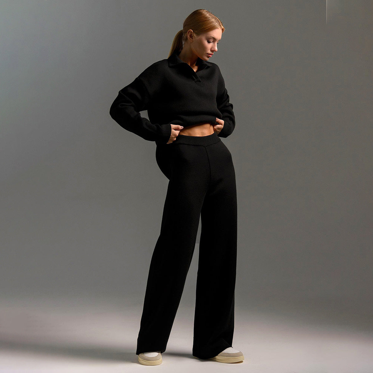 Women's Polo Knit Sweater Set with Wide Leg Pants