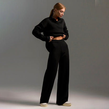 Women's Polo Knit Sweater Set with Wide Leg Pants