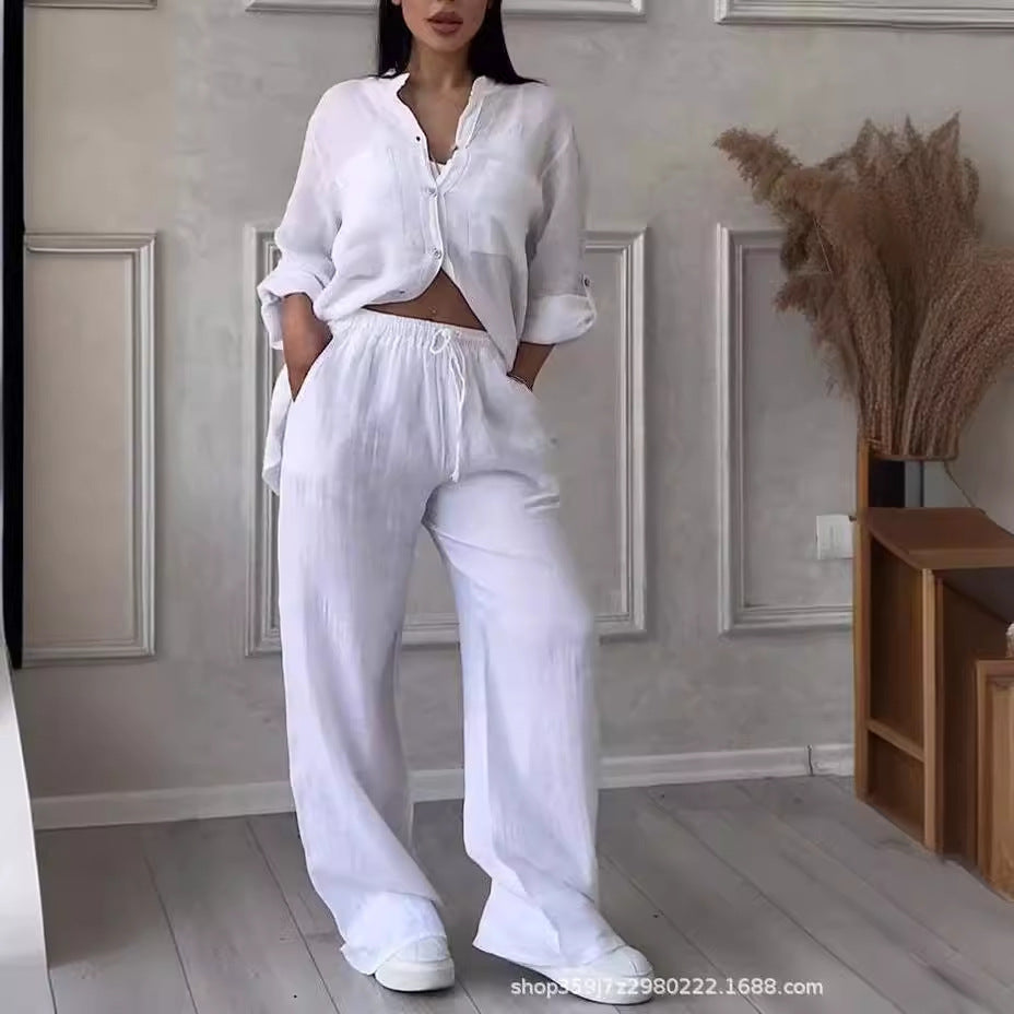 Women's Linen Shirt and Wide Leg Pants Matching Set