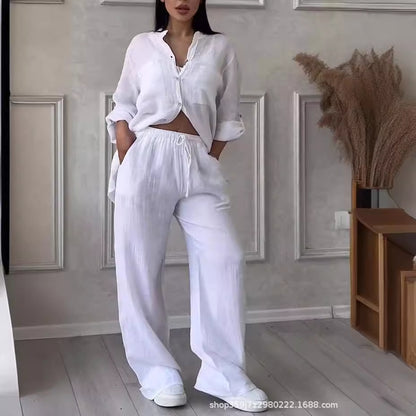 Women's Linen Shirt and Wide Leg Pants Matching Set