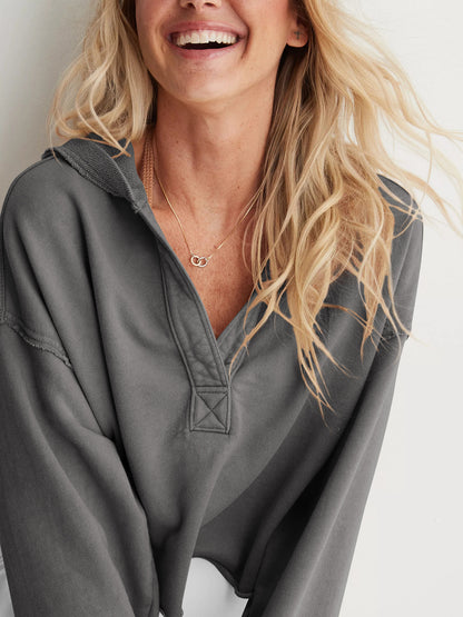 Oversized V Neck Hooded Sweatshirt Pullover Top