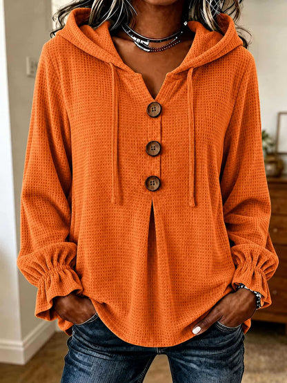 Waffle Knit Hooded Henley V Neck Long Sleeve Top