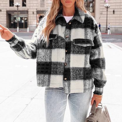 Plaid Button-Up Cropped Wool Blend Jacket with Pockets