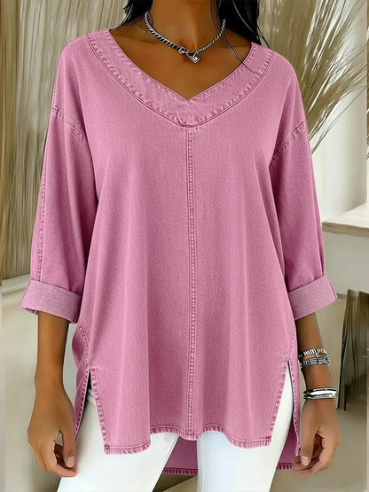 Oversized Denim V-Neck Top Casual Utility Long Sleeve Shirt
