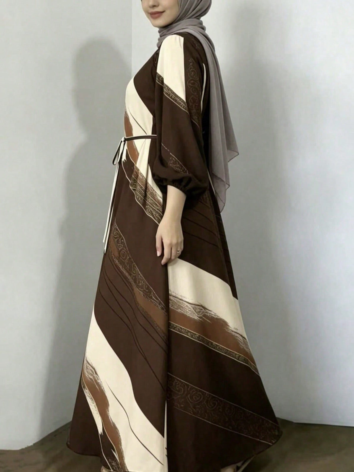 Abstract Print Tie Waist Maxi Dress Long Sleeve Elegant