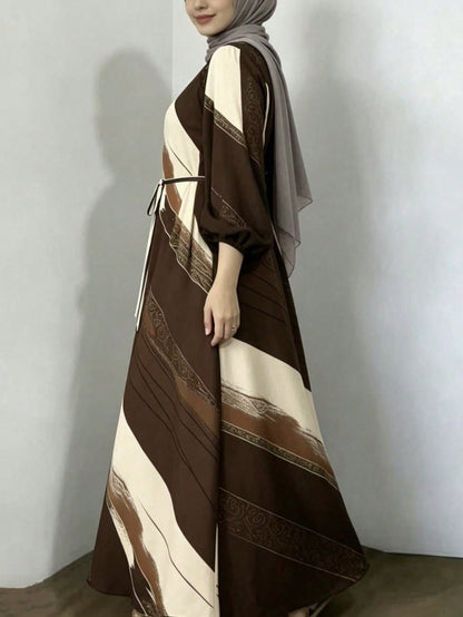 Abstract Print Tie Waist Maxi Dress Long Sleeve Elegant