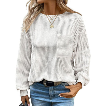 Women's Oversized Waffle Knit Crew Neck Pocket Top
