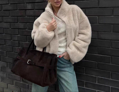 Women's Cream Faux Fur Jacket Stand Collar Zip-Up