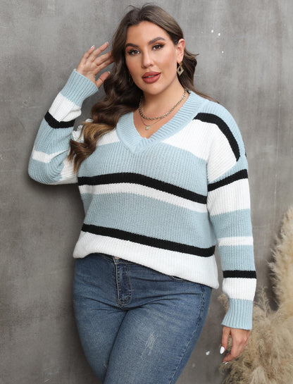 Women's Sweater V-neck Contrasting Color Splicing Loose Pullover Sweater