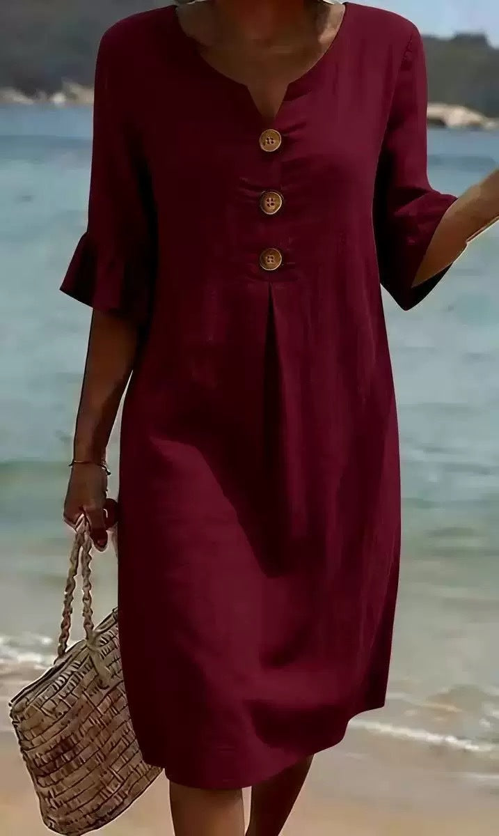 Women's Linen V-Neck Button Ruffle Sleeve Midi Dress