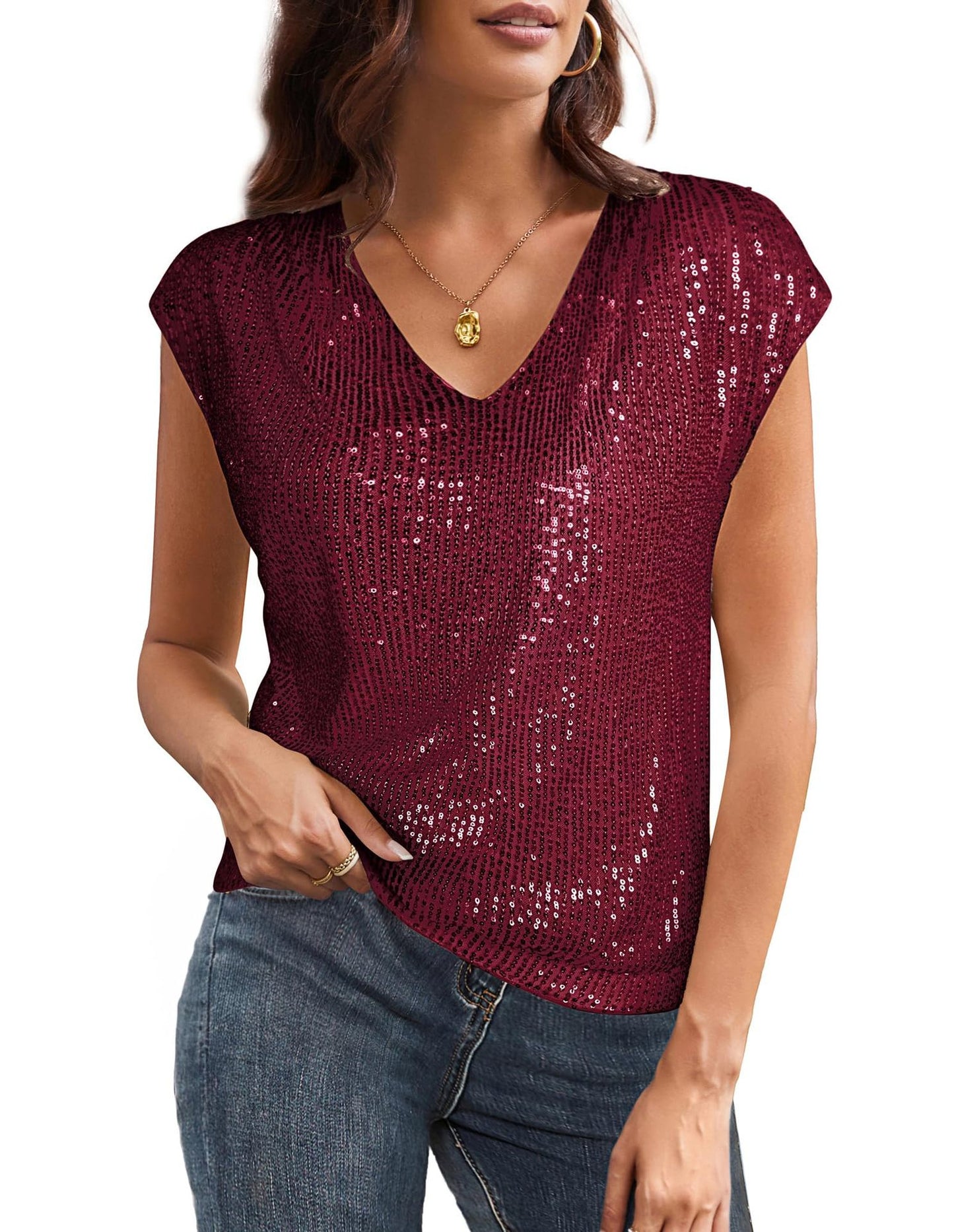 Women's V-Neck Sequin Tank Top – Sleeveless Summer Party Blouse