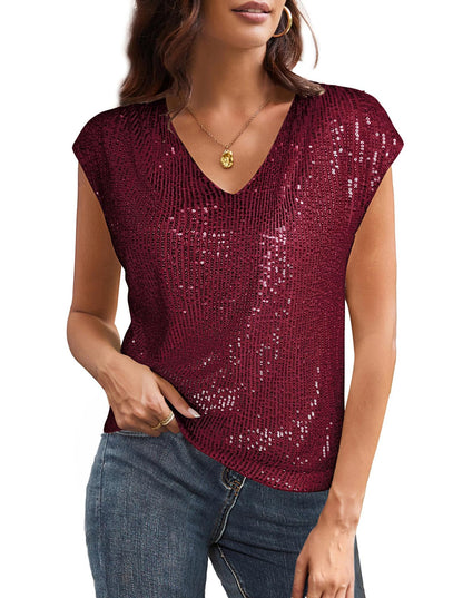 Women's V-Neck Sequin Tank Top – Sleeveless Summer Party Blouse